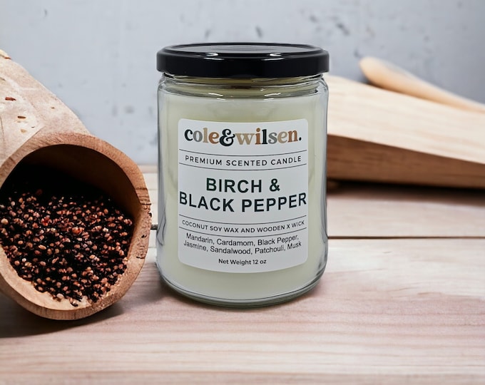 Birch & Black Pepper Coconut Soy Candle with Wooden X Wick