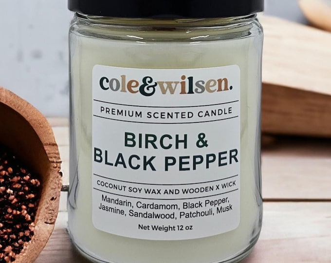Birch & Black Pepper Scented Candle with Wooden X Wick