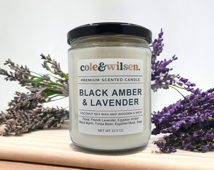 Black Amber & Lavender Candle with Wooden X Wick