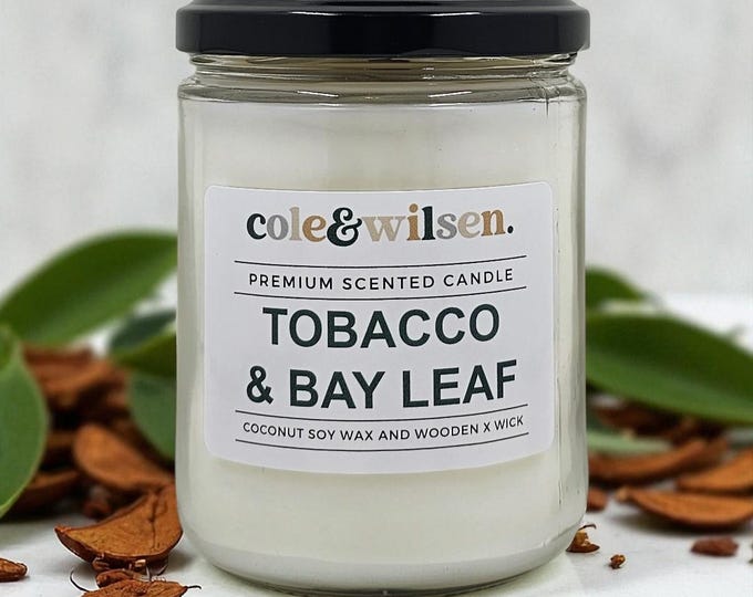 Tobacco & Bay Leaf Scented Candle with Wooden X Wick