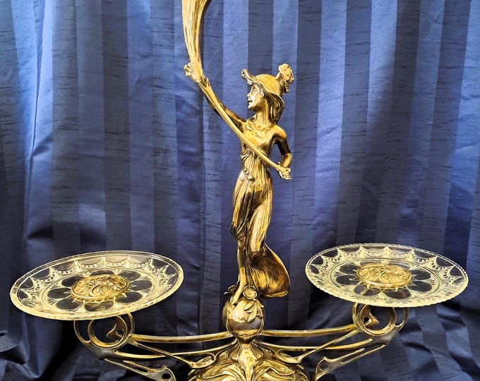 Featured listing image: Antique Art Nouveau centrepiece, circa 1900, 2 glass inserts with etched motifs