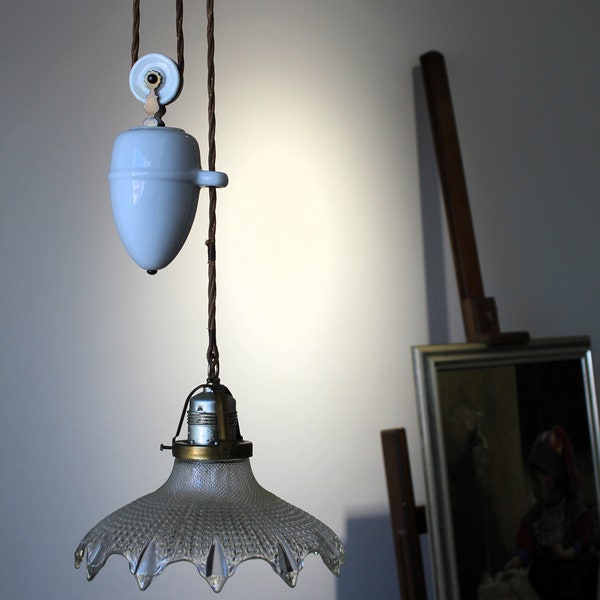 Vintage ceiling lamp, adjustable in height, circa 1900 - 1940 with ceramic ceiling finial and counterweight