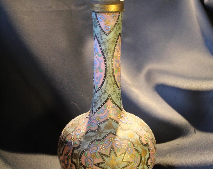 Featured listing image: Antique Thomas Webb, Enameled Art Glass Bulbous Solifleur Vase with original glass insert and brass clasp