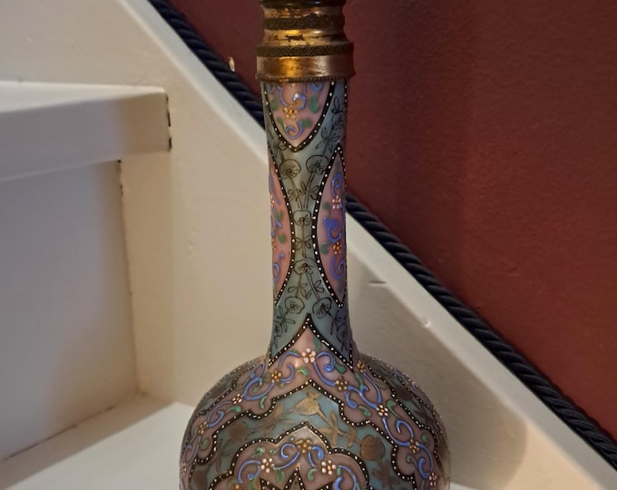 Featured listing image: Antique Glass Enamel Vase, Floral Pattern with Brass Lid, Thomas Webb & Sons