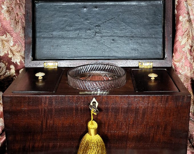 Featured listing image: Victorian tea caddy, 1870–1900, mahogany, with original glass insert