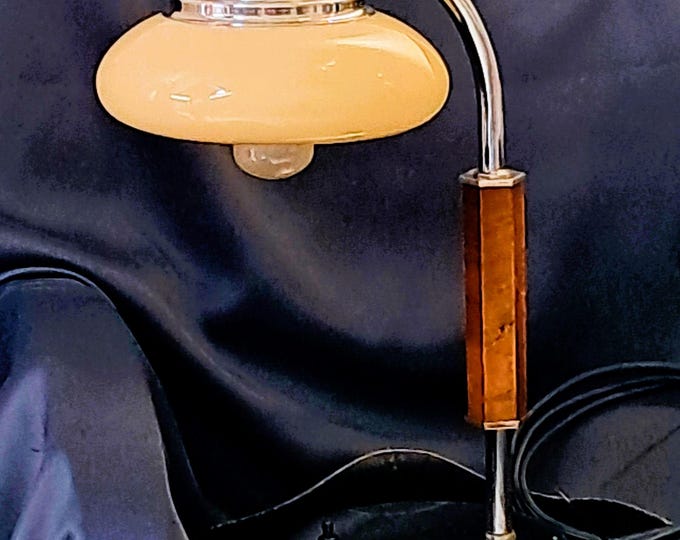 Featured listing image: Art Deco table lamp, opaline glass, nickel-plated metal fittings, wooden handle with burl wood veneer, around 1930