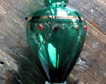 Green Empoli vase, twisted clear glass base, gold leaf decoration