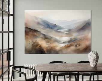 Misty Mountain Abstract Landscape Watercolor Wall Art Canvas | Earth Tone Nature Watercolor Canvas Painting Print | Misty Mountain Series 2