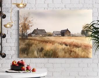 Farm Landscape Watercolor Wall Art Canvas | Earth Tone Nature Watercolor Canvas Painting Print | Country Road Series 1