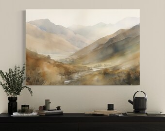 Misty Mountain Landscape Watercolor Wall Art Canvas | Earth Tone Nature Watercolor Canvas Painting Print | Misty Mountain Series 1