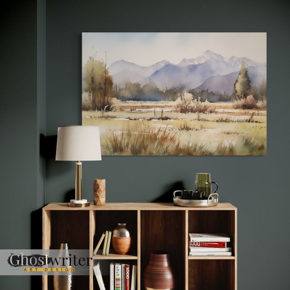 Mountain Meadow Landscape Watercolor Wall Art Canvas | Mountain Valley Series 2