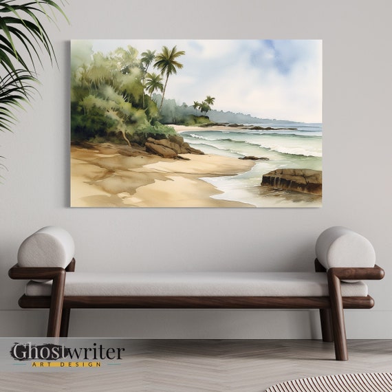 Tropical Landscape Watercolor Wall Art Canvas | Earth Tone Ocean Nature Watercolor Canvas Painting Print | Tropical Dreams Series 1