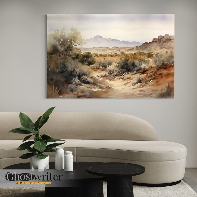 Desert Landscape Watercolor Wall Art Canvas | Earth Tone Nature Watercolor Canvas Painting Print | Peaceful Desert Series 2 image 1