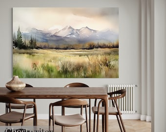 Mountain Meadow Landscape Watercolor Wall Art Canvas | Earth Tone Nature Watercolor Canvas Painting Print | Mountain Valley Series 1