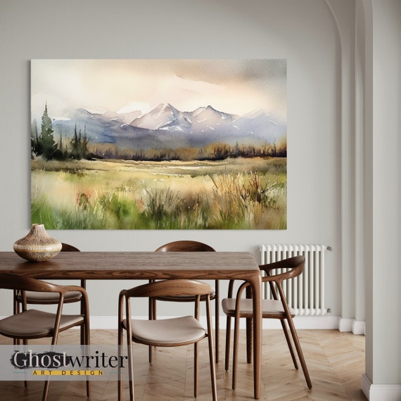 Mountain Meadow Landscape Watercolor Wall Art Canvas | Mountain Valley Series 1