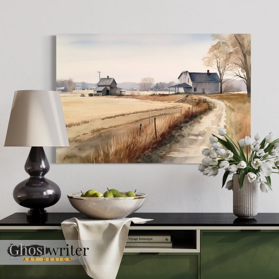 Farm Landscape Watercolor Wall Art Canvas | Country Road Series 2