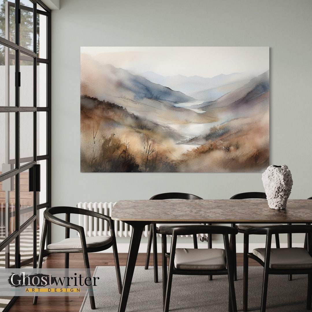 Misty Mountain Abstract Landscape Watercolor Wall Art Canvas | Earth ...