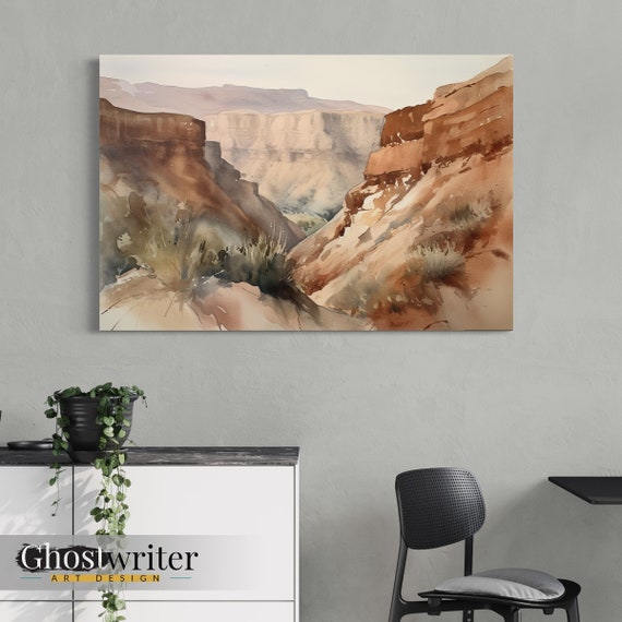 Canyon Landscape Watercolor Wall Art Canvas | Earth Tone Nature Watercolor Canvas Painting Print | Canyon View Series 4