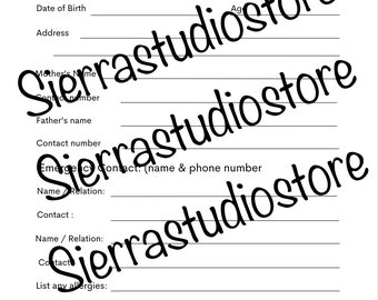 May include: A printable emergency health information form for children. The form includes sections for the child's full name, date of birth, address, mother's name, father's name, contact numbers, emergency contact information, and allergies. The form also includes spaces for parent and provider signatures and dates.