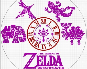 May include: A purple and red circular design with the text "The Legend of Zelda Breath of the Wild". The design features a clock face with Roman numerals, a stylized eye, and four different symbols.