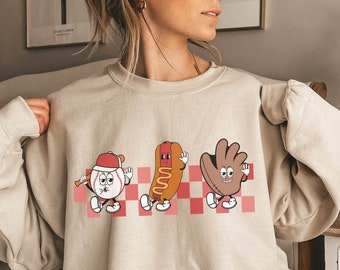 Sudadera de mamá de béisbol, cuello redondo del juego de béisbol, camisa de béisbol para mujeres, camisa de mamá deportiva, vibraciones de béisbol, camisa de perro caliente de béisbol