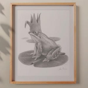 Frog prince wall Art Print, Cute Frog prince pencil illustration for royal fairy tale room decor, pencil illustrator