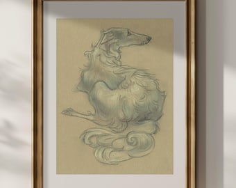 Signed Borzoi Dog Sketch Art Print: Graphite & Chalk Pastel Artwork for Gallery Wall