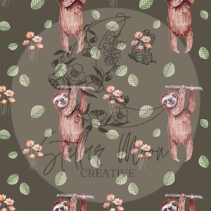 May include: A seamless pattern featuring brown sloths hanging upside down from branches, surrounded by pink flowers and green leaves on a brown background.