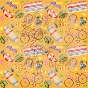 May include: A seamless pattern featuring a variety of summer-themed illustrations, including surfboards, bicycles, beach towels, life preservers, flip-flops, ice cream cones, water guns, and tropical leaves on a yellow background.