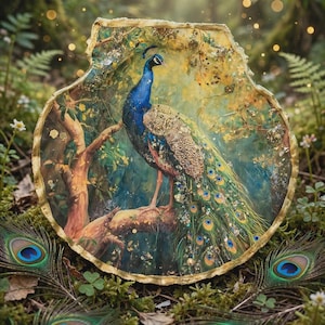 May include: A large, scalloped shell featuring a detailed painting of a peacock perched on a tree branch. The peacock has vibrant blue and green plumage with gold accents. The shell edge is painted with a metallic gold finish and gold leaf flakes.