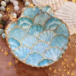 Blue Gold Seashell Trinket Dish, Coastal Ring Holder, Ocean Inspired Decor