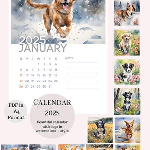 2025 Dog Calendar - Printable A4 PDF Calendar for Dog Lovers - Cute Dog Art for Each Month