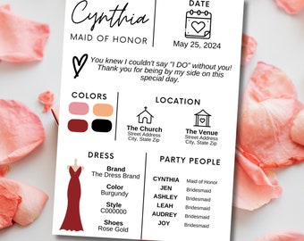 Bridesmaid Info Card Template, Expectation Card, Organized Wedding, Bridal Party Info, Wedding Infographic, Personalized Bridesmaid Card