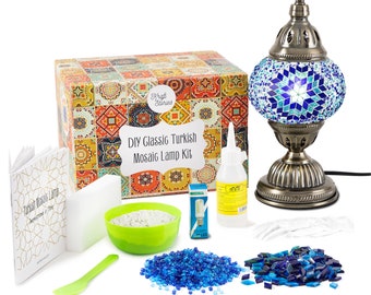 DIY Mosaic Lamp Kit, Blue Mosaic Lamp Kit – Birthday gift, craft kit, Glass beads (Turkey/Morrocan-Style) | US Plug with Video Instructions