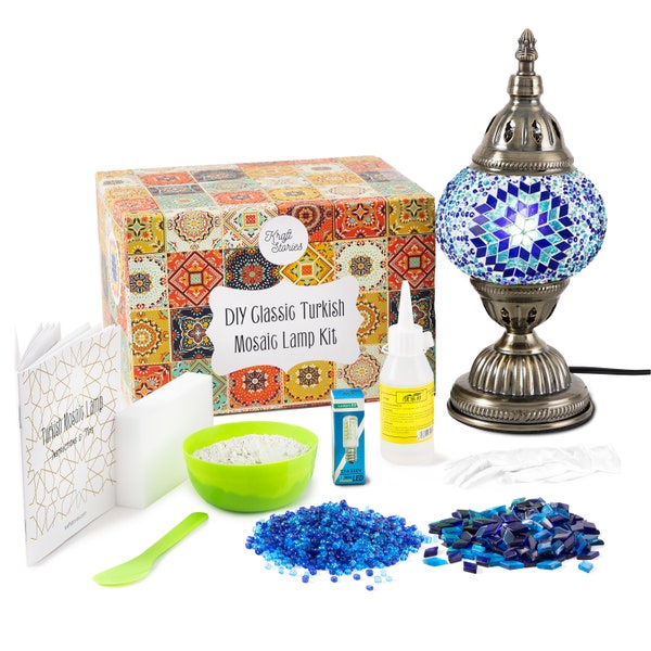 DIY Mosaic Lamp Kit, Blue Mosaic Lamp Kit – Birthday gift, craft kit, Glass beads (Turkey/Morrocan-Style) | US Plug with Video Instructions