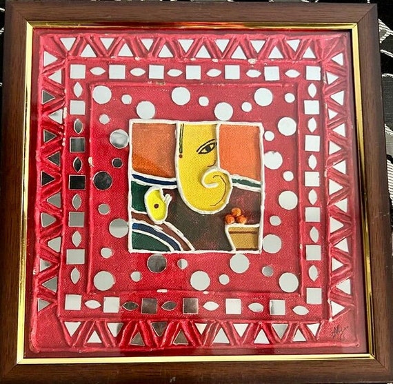 Lippan Art Ganesh Ji Handmade Painting. Framed With Glass. Wall Mount Ready  With Hook. 