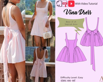 Vestido Vina (Patrones de costura descargables en PDF A4, XXS - XXL, Tutorial detallado de Youtube)