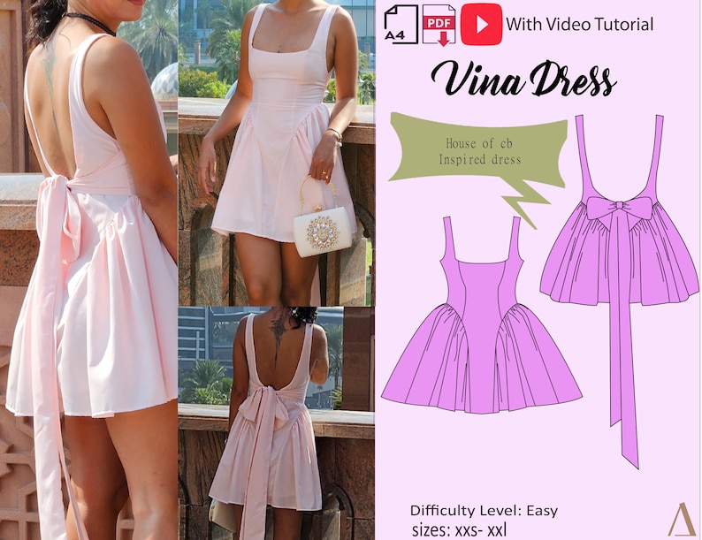Vina Dress Downloadable A4 PDF Sewing Patterns, XXS XXL, Detailed Youtube Tutorial zdjęcie 1