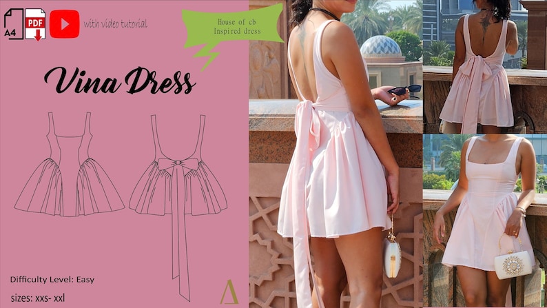 Vina Dress Downloadable A4 PDF Sewing Patterns, XXS XXL, Detailed Youtube Tutorial zdjęcie 2