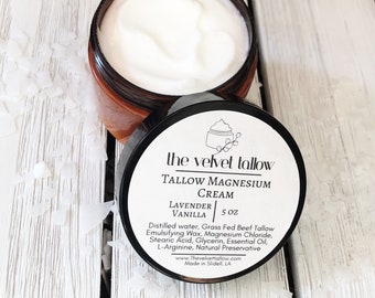 Magnesium Cream with Tallow, 4 oz Jar, Scented with Lavender and Vanilla or Unscented, Transdermal Magnesium, Tallow Cream