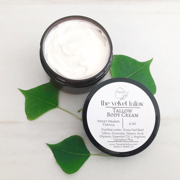 Tallow Body Cream, 4 oz Jar Grass Fed Tallow Body Cream, Scented with Orange and Vanilla, Tallow Lotion