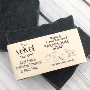 Activated Charcoal, Tallow, & Goat Milk Soap Bar, Tea Tree Scented Beef Tallow Soap Bar Made With Turmeric and Kaolin Clay