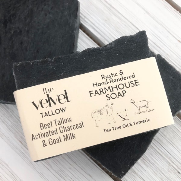 Activated Charcoal, Tallow, & Goat Milk Soap Bar, Tea Tree Scented Grass Fed Beef Tallow Soap Bar Made With Tumeric and Kaolin Clay