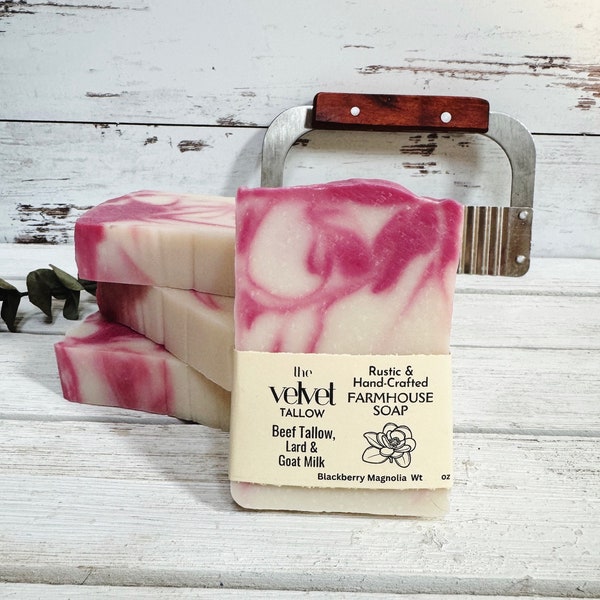 Tallow & Goat Milk Soap Bar, Blackberry Magnolia Scented Grass Fed Beef Tallow Soap Bar Made With Kaolin Clay, Limited Edition