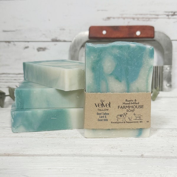 Peppermint Tallow Goat Milk Soap Bar, Grass Fed Beef Tallow Soap, Lightly Scented Peppermint, Spearmint, Eucalyptus Natural Soap