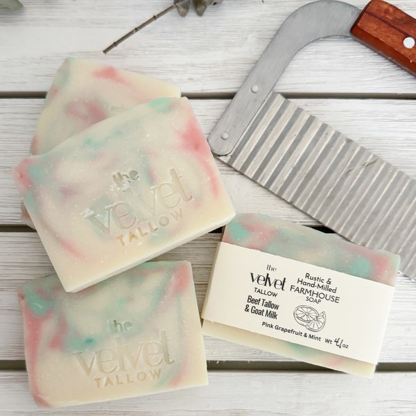 Tallow Soap Bar with Goat Milk, Grapefruit and Peppermint Scented Rustic Large Bar Made with Grass Fed Beef Tallow,  Zero Waste