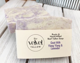 Tallow Soap Bar with Goat Milk, Ylang Ylang Lavender Scented, Grass Fed Beef Tallow, Goat Milk Soap Bar