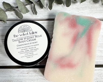 Tallow & Goat Milk Body Cream plus Tallow and Goat Milk Soap Set,  Grapefruit and Mint Fragrance, Tallow Body Cream, Grass Fed Tallow Soap