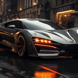May include: A sleek, silver-grey sports car with orange accent lights is parked on a wet city street. The car has a low profile and a futuristic design.
