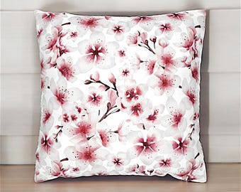 Pink Cherry Blossom Pillow Cover, Pink Sakura Throw Pillow Case, Designer Printed Cushion Cover, Cherry Blossom Cover, Japanese  Pillowcase